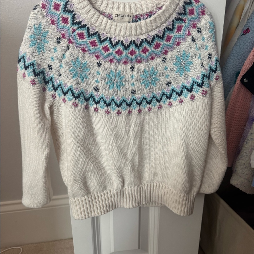Crewcuts White Sweater with Blue and Pink Pattern
